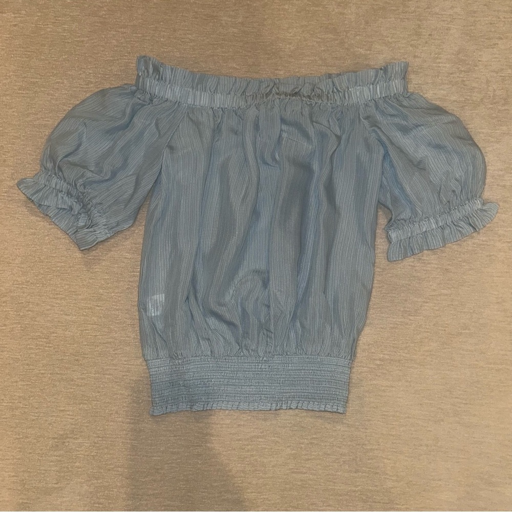 Ann Taylor Blouse Blue Pinstriped Shirt Off The Shoulder Womens Size XS Petite
